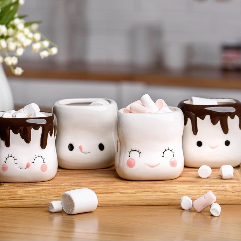 Set of 4 Marshmallow Shaped Ceramic Mugs Tiered Tray Decor, Food Safe